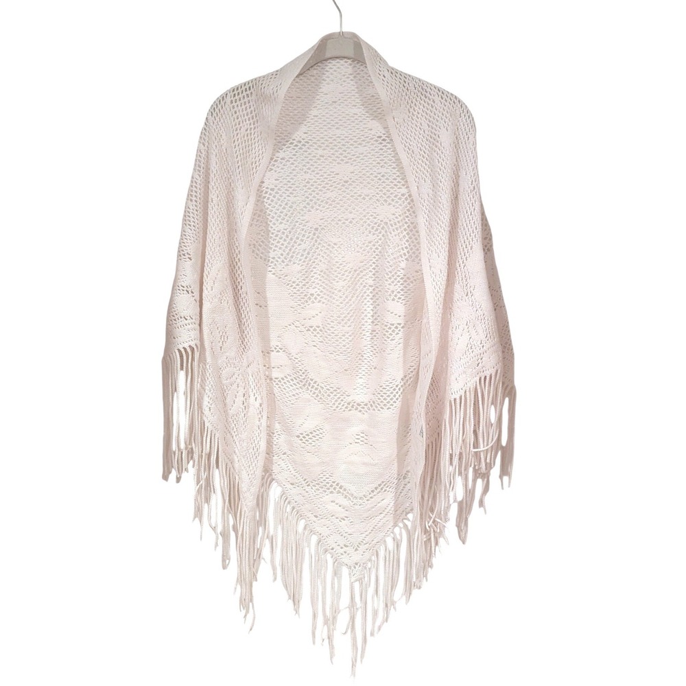 Baar & Beards Shawl Ivory Floral Pointelle Fringe Knit Vintage Cottagecore OS
